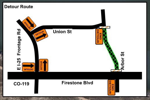 Detour Map for Arbor Street Closure Between Firestone Blvd. & Union St.
