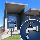 Image of Town Hall with a blue circle and a water tap graphic. 