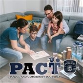 picture of a family working on an emergency preparedness plan with the PACT logo at the bottom. 